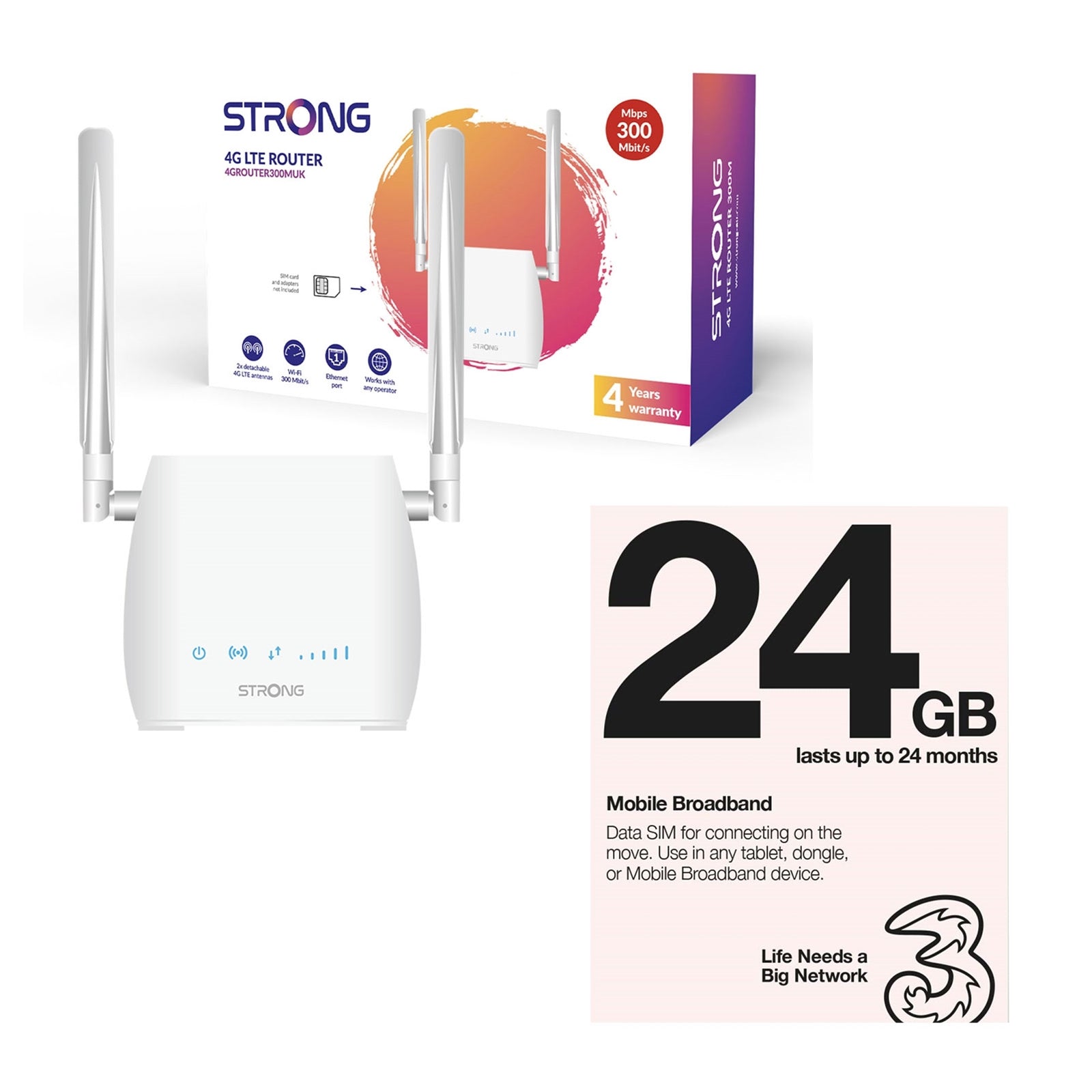 Strong 4G LTE CAT4 Router 300Mbps Unlocked + Three 24GB SIM Card Strong 4G LTE CAT4 Router 300Mbps Unlocked + Three 24GB SIM Card